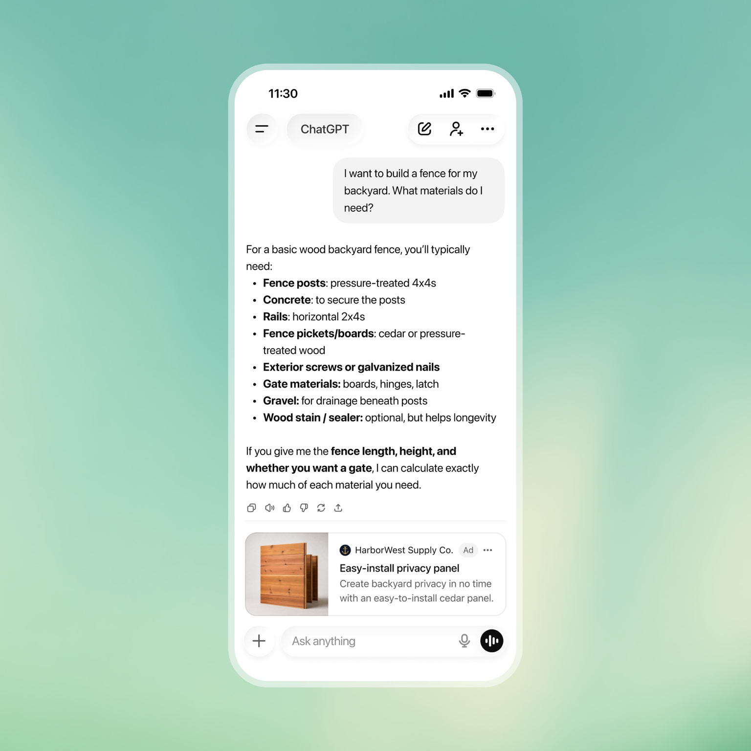 Illustrative mobile ChatGPT conversation showing a sponsored ad
